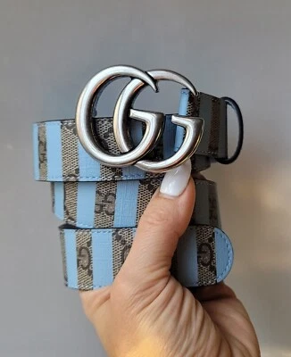 Cinturón Gucci Plateado GG Marmont 75 30 Azul Cuero Gris Estampado Supremo Monograma Nuevo con Etiquetas Foto 1 de 4