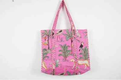 Indian Pink Tiger Printed Quilted Shoulder Bag Women's Beach Cotton Handbags UK - Image 1 of 4