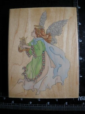 Ángel con lira sello de goma 3,5 x 4,5 pulgadas respaldo de madera 23 Foto 1 de 2