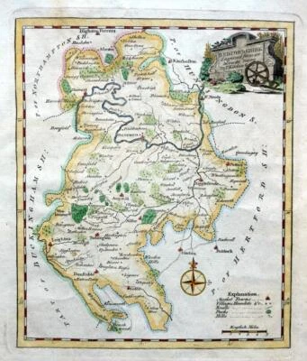 MAPA GRABADO ANTIGUO GENUINO BEDFORDSHIRE BEDFORD DE THOMAS KITCHIN c1770 Foto 1 de 4