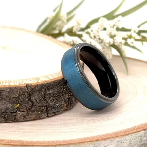 8mm Black Tungsten Promise Ring Brushed blue Edge Scratch-Resistant Unisex Band - Picture 1 of 4