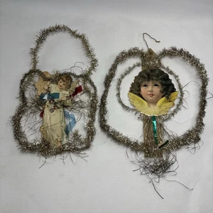 2 Antique Victorian Tinsel Christmas Tree Ornaments Die Cut Cherubs Angels Large - Picture 1 of 13