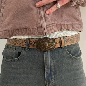 y2k classy brown american western large bull buckle cowboy boho belt - Picture 1 of 11