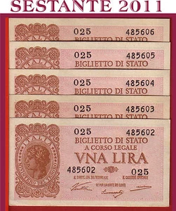 ITALIA ITALY 1 LIRA 1944 Sign. Ventura , P. 29a UNC, 5 notes with Running number - Imagen 1 de 1