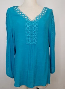 Counterparts Woman's Size XL Embroidered Peacock Plume Gauze Flowy V-Neck - Picture 1 of 7