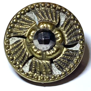 Antique Jet Black Button Gold Foil Silvertone Bead Center Textured Shank 7/16" - Picture 1 of 7