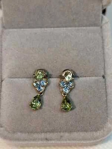 10k Yellow Gold Natural Peridot and Blue Topaz Earrings - Picture 1 of 5