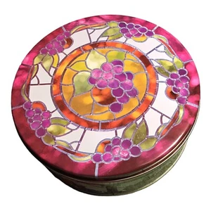 Contenedor vacío vintage de lata de vitral de uvas púrpura verde 8,25 pulgadas alrededor - Imagen 1 de 4