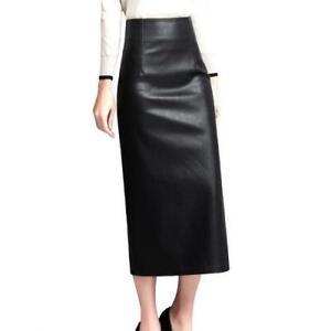 Women's Real Leather Pencil Skirts Slim Office High Waist Side Slit Skirt Sexy L