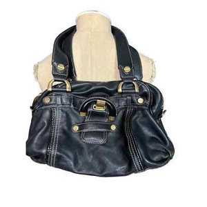 B. Makowsky Black Leather Shoulder Bag Gold Hardware - Picture 1 of 4