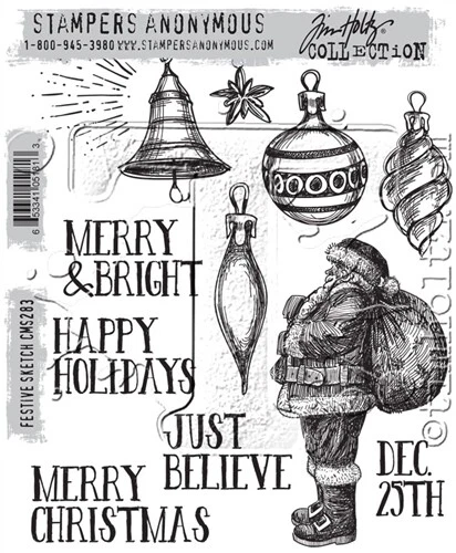 Tim Holtz Stampers Anonymous "FESTIVE SKETCH" Red Rubber Cling Stamp Set - Image 1 of 1