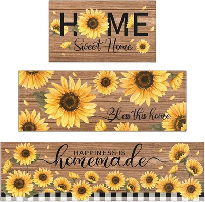 Kitchen Rugs Sets of 3 Piece with Runner, Farmhouse Rustic Plaid Sunflower - Image 1 of 4