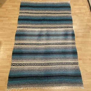 Serape Decke Fransen Mexikanisch Western Blau Beige Überwurf Rug Tribal Azteken Boho - Bild 1 von 9