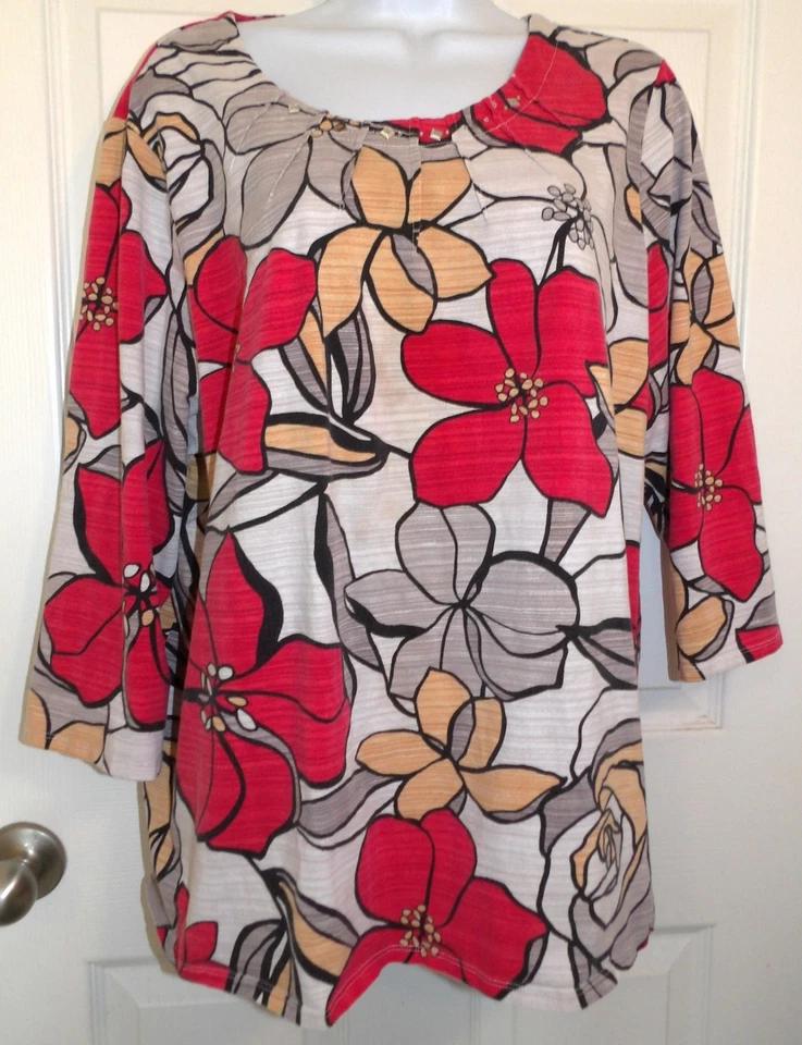 Top manga 3/4 ALFRED DUNNER estampado floral rojo/amarillo/beige súper lindo - 2X Foto 1 de 1