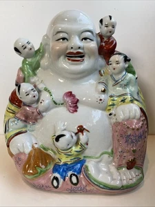 Vintage Chinese Porcelain Happy Buddah W/Five Children Hand Painted Marked - Picture 1 of 7