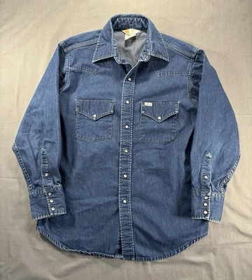 Винтажная мужская рубашка вестерн Carhartt с жемчужной застежкой из синей джинсовой ткани средний размер с длинным рукавом - Изображение 1 из 4