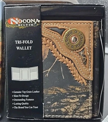 Cartera de cuero Nocona Belt Co calibre 12 triple pliegue roble musgo camuflaje grano superior nueva Foto 1 de 4