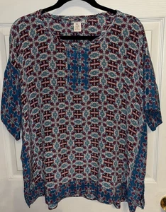 Sundance XL 100% Silk Blouse Geo Floral Print Short Sleeve Poncho Top Teal Red - Picture 1 of 12