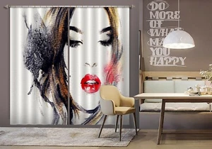 3D Watercolor Red Lips Girl RAING205 Window Photo Curtain Fabric Quality Honey - Picture 1 of 8