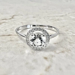 14K Round White Topaz Halo Ring - White Gold White Topaz Ring -Diamond Halo Ring - Picture 1 of 7