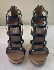 VALENTINO ROCKSTUD Black Caged Cork Sky High Wedge Heels Sandals~38 1/2~8.5 EUC - Picture 1 of 14