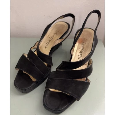 Sandalias Yves Saint Laurent Tacones Cuña Gamuza Negras YSL De Colección Años 90 Y2K Talla 6 M Foto 1 de 4
