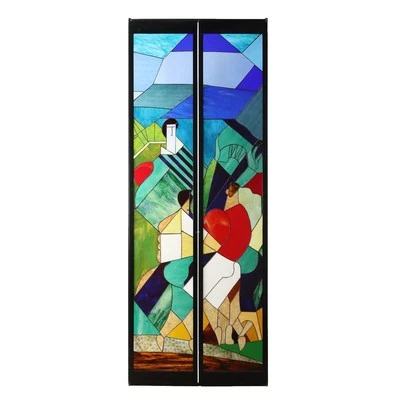 Porte avec Vitraux Ancienne Sujéts Stylisés Italie XXe Siècle Originale - Photo 1/4