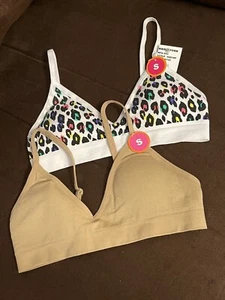 NEW Maidenform Girls Beginner Training Bras 2pc Beige White Cheetah Print S 6/6x - Picture 1 of 7