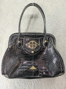Iman Purse Large Black Leather Croc Embossed Gold Color Hardware - Picture 1 of 10