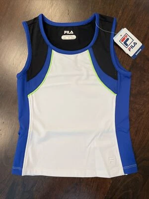 Blusa Fila Girl’s Center Court sem mangas tamanho P branca/safira/preta nova com etiquetas MSRP $40,00 - Imagem 1 de 4