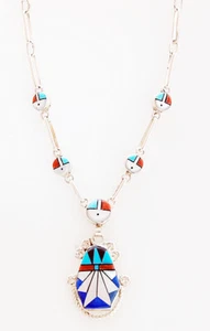 Zuni Handmade Sterling Silver with Multi-Stone Inlay Necklace by Ola Eriacho - Picture 1 of 1