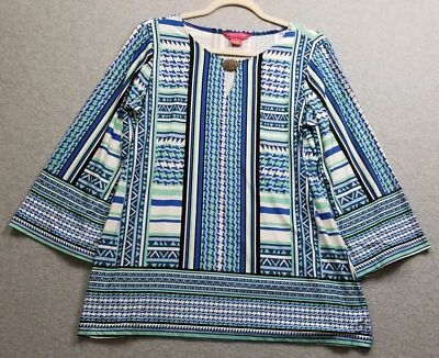 Туника Sunny Leigh топ женщин средний M синий зеленый геометрический длинные рукава Джерси - Изображение 1 из 4