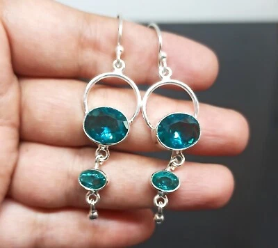 Women's Earring Tourmaline Teal Gemstone 925 Sterling Silver Handmade Jewelry-2" - Image 1 of 2
