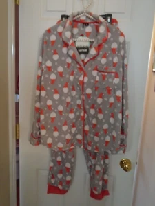 Kensie holiday soft fleece Santa print button-front gray pajama set NWT 1X - Picture 1 of 2