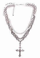 Traditional Twist Zx176 Triple Layered Chrome Chain Diamanté Cross Necklace