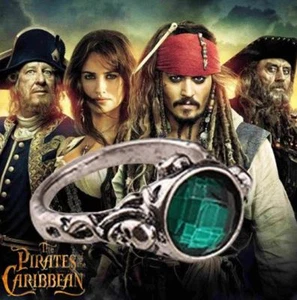 The Pirates Of The Caribbean, Jack Sparrow, Emerald, Skull, Antique Silver Ring - Picture 1 of 8