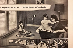 1955 Iron Fireman Heating Furnace Vintage Print Ad Housewife and Kids Playing - Picture 1 of 7