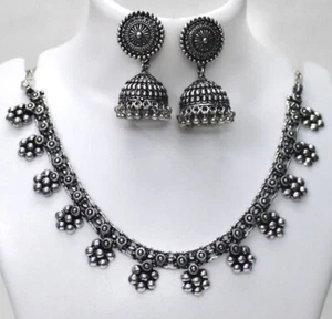 Juego de collar gargantilla antigua oxidada negra plateada de diseñador con pendiente - Imagen 1 de 3