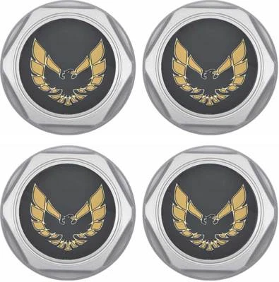 Juego de tapacubos centrales de rueda OER plateados con logotipo de pájaro dorado 1977-1981 Pontiac Firebird Foto 1 de 4