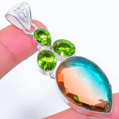Bi-Color Tourmaline, Peridot Gemstone 925 Sterling Silver Jewelry Pendant 2.5" - Image 1 of 4