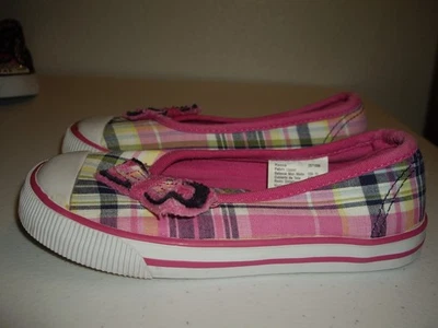 T11 Girls Size 11 Faded Glory Plaid Slip On Sneakers Boat Shoes Pink Blue NEW - Image 1 of 4