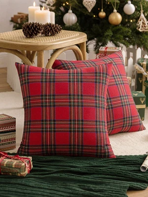 Set of 2 Scottish Plaid Christmas Cushion Cover Festive Xmas Tartan PillowCase - Image 1 of 4