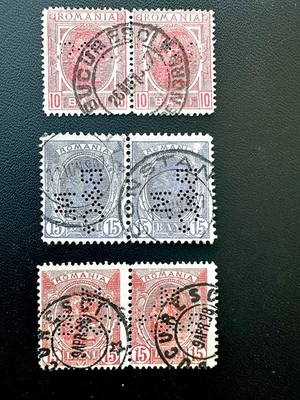 Romania 1900-3 Lot Sc 137, 139 & 140, King Carol I,  RARE Horiz. Pairs Perfins - image 1 of 2