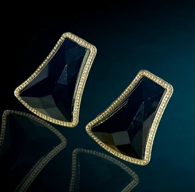 Giant Onyx with CZ Crystal  Stud Gold Plated Earring - Image 1 of 4