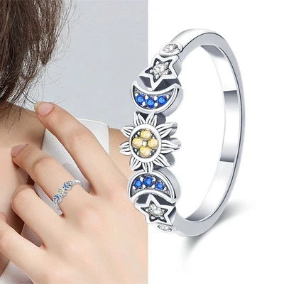 KUNSIR S925 Sterling Silver AAA CZ Star &Moon Ring For Women Bands Jewelry Gifts - Image 1 of 4