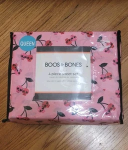 Halloween Cherry Skull Pink Red Sheets Queen 4 Piece Set Boos & Bones NWT - Picture 1 of 6