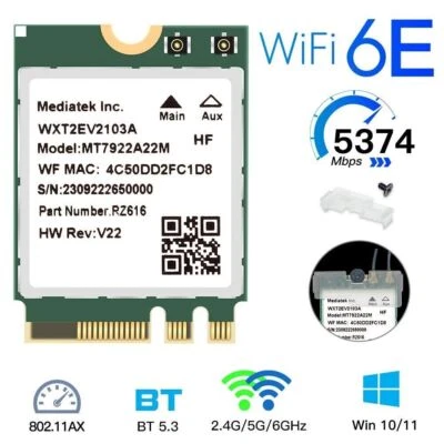 MT7922A22M MT7922 M.2 WIFI 6E 802.11AX Tri-Band 5374Mbps WiFi Bluetooth Adapter - Image 1 of 4