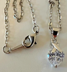 18k White Gold Plated Heart Pendant Necklace Crystal Chain links 18 in Stunning - Picture 1 of 10