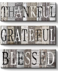 Vintage Wall Art Sirns 3 Set Thankful Grateful Blessed Canvas Signs 6x17” Rustic - Picture 1 of 10