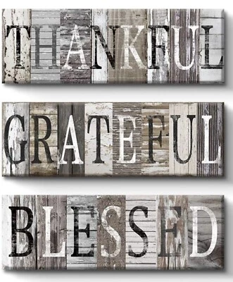 Vintage Wall Art Sirns 3 Set Thankful Grateful Blessed Canvas Signs 6x17” Rustic - Image 1 of 4